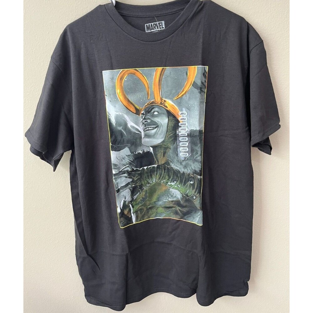 Marvel Loki T-shirt Men's Large Black Graphic Tee Gold Horns New